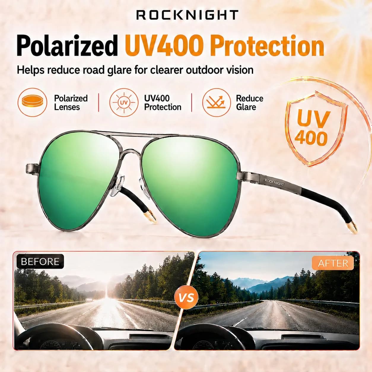 ROCKNIGHT Ruthenium-Green Polarized Aviator Sunglasses - Medium Size Metal Frame for Men & Women - view 3
