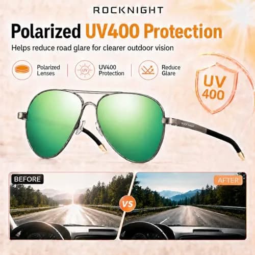ROCKNIGHT Polarized Aviator Sunglasses Men Women UV400 Metal Frame Driving | Lightweight Metal Frame with Adjustable Nose Pads thumbnail 3