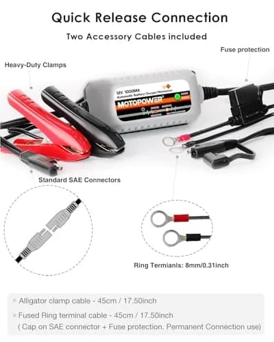 MOTOPOWER MP00205B 12V 1000mA Automatic Battery Charger & Maintainer | 12V DC, 1A Output, 350g thumbnail 5