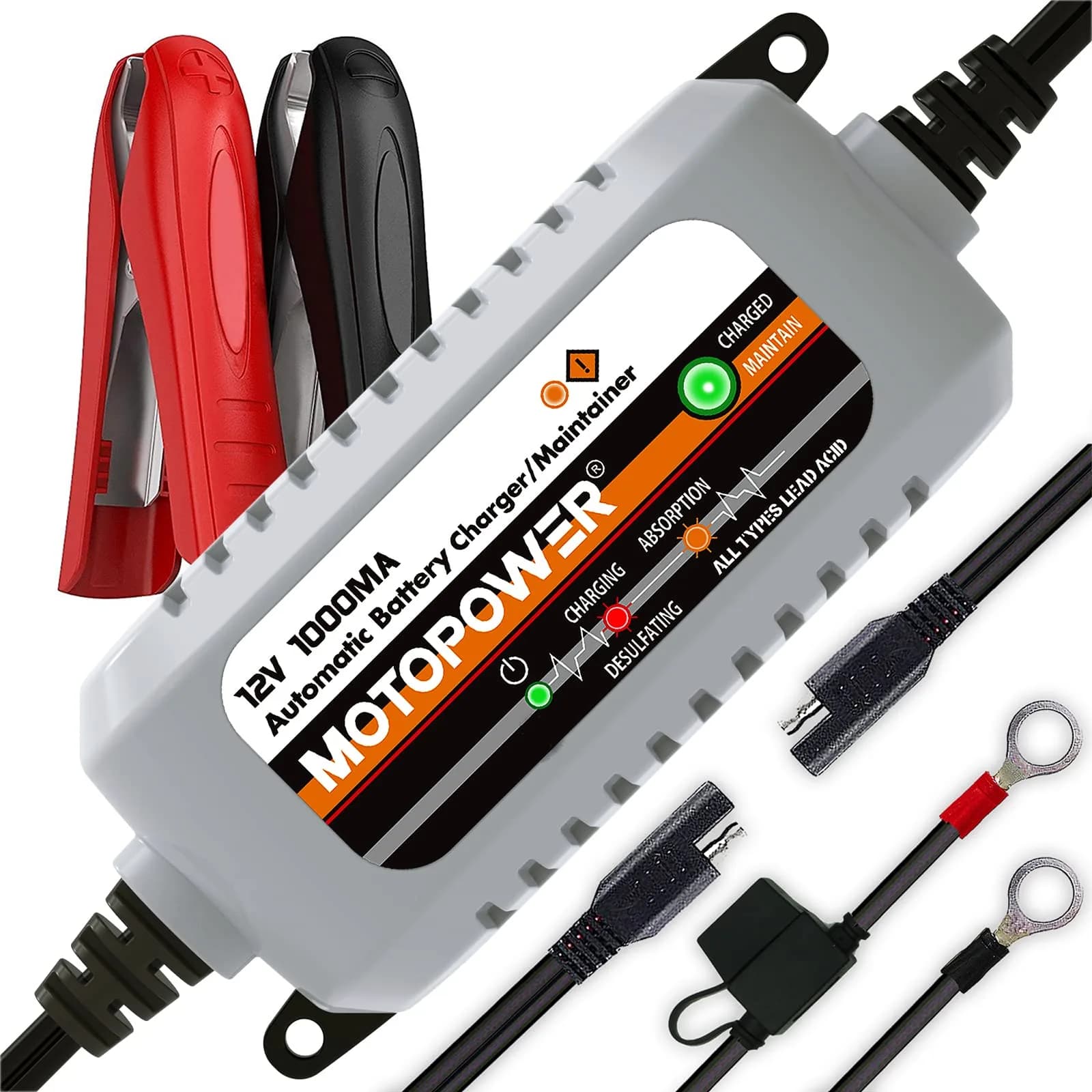 MOTOPOWER MP00205B 12V 1000mA Automatic Battery Charger & Maintainer | 12V DC, 1A Output, 350g - main product image
