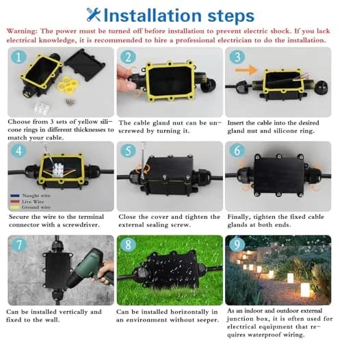 Helunsi IP68 Waterproof External Junction Box 2 Way 135mm (5.31in) Black | Connect Wires Safely Outdoors thumbnail 6