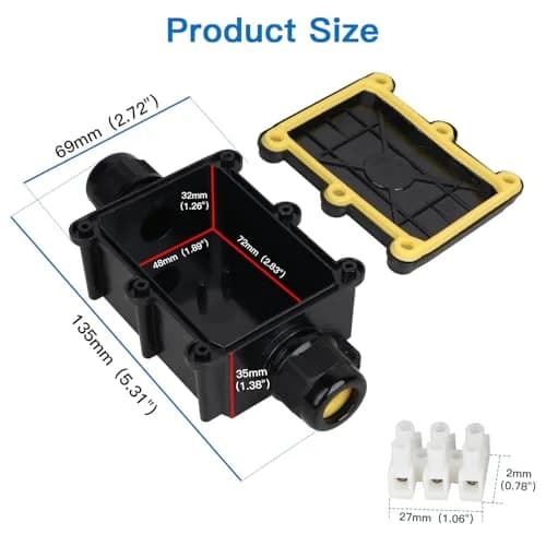 Helunsi IP68 Waterproof External Junction Box 2 Way 135mm (5.31in) Black | Connect Wires Safely Outdoors thumbnail 3