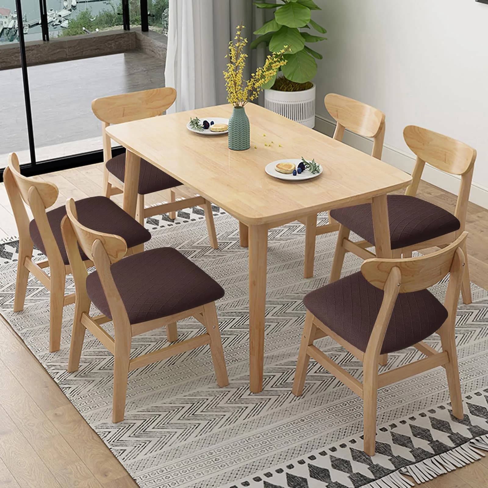 Fuloon Chocolate Dining Chair Seat Covers 4 Pack | Stretch Jacquard Fabric for Kitchen & Dining Chairs - view 2
