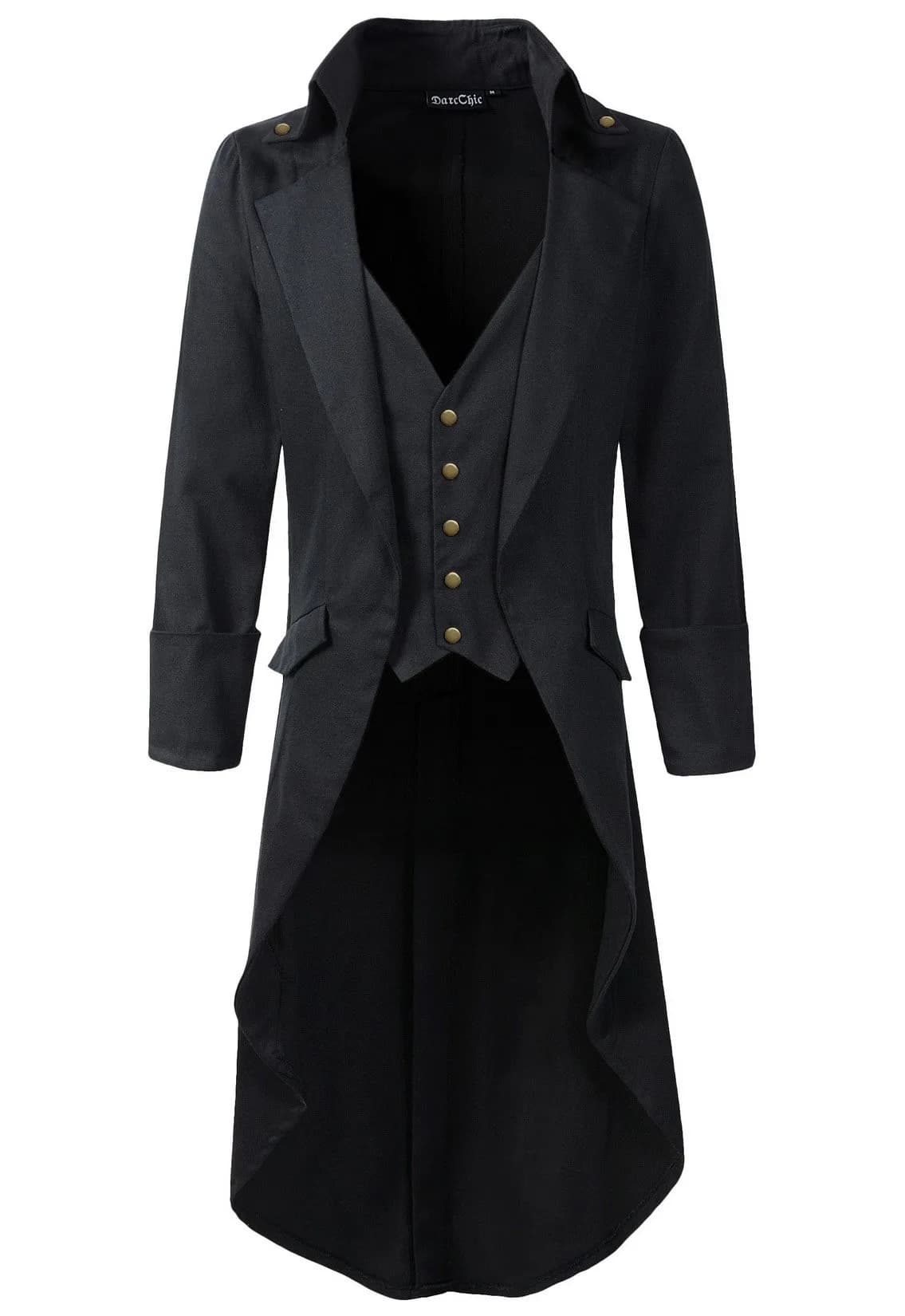 DarcChic Mens Gothic Tailcoat Jacket Black Steampunk VTG Victorian High Collar Coat (4XL, Black/brassy button) | Classic Gothic Style for Men - main product image