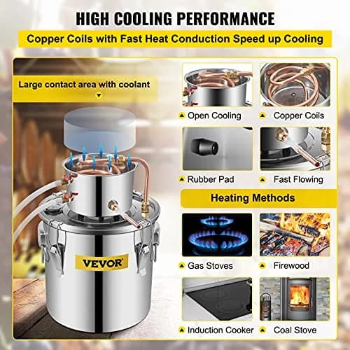 VEVOR Alcohol Still 20L (5 Gallon) Stainless Steel Home Brewing Kit with Copper Tube & Thermometer | DIY Whisky, Wine, Brandy Maker thumbnail 4