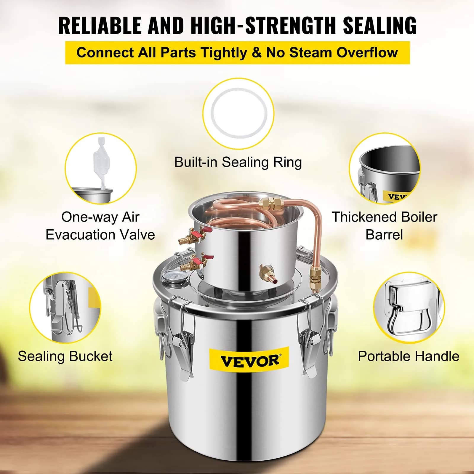 VEVOR Alcohol Still 20L (5 Gallon) Stainless Steel Home Brewing Kit with Copper Tube & Thermometer | DIY Whisky, Wine, Brandy Maker - view 6