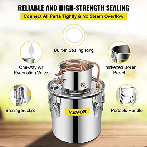 VEVOR Alcohol Still 20L (5 Gallon) Stainless Steel Home Brewing Kit with Copper Tube & Thermometer | DIY Whisky, Wine, Brandy Maker thumbnail 6