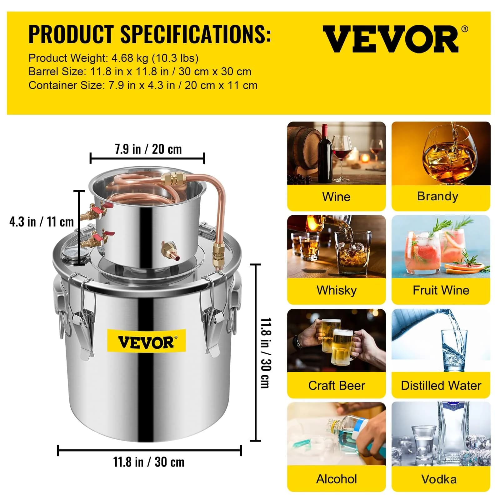 VEVOR Alcohol Still 20L (5 Gallon) Stainless Steel Home Brewing Kit with Copper Tube & Thermometer | DIY Whisky, Wine, Brandy Maker - view 7