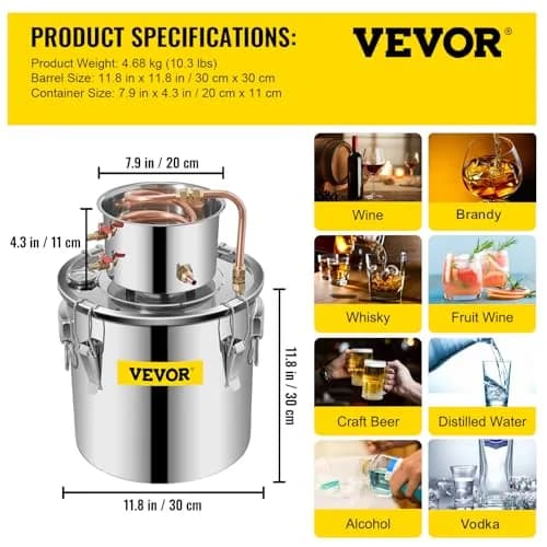 VEVOR Alcohol Still 20L (5 Gallon) Stainless Steel Home Brewing Kit with Copper Tube & Thermometer | DIY Whisky, Wine, Brandy Maker thumbnail 7