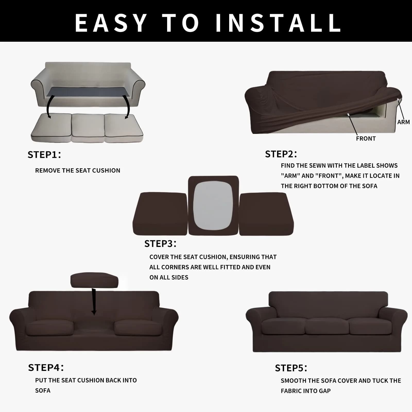 Easy-Going Waterproof 4-Piece Stretch Sofa Cover for 3 Cushions, Chocolate | Fits 60-85 inch Sofas - view 6
