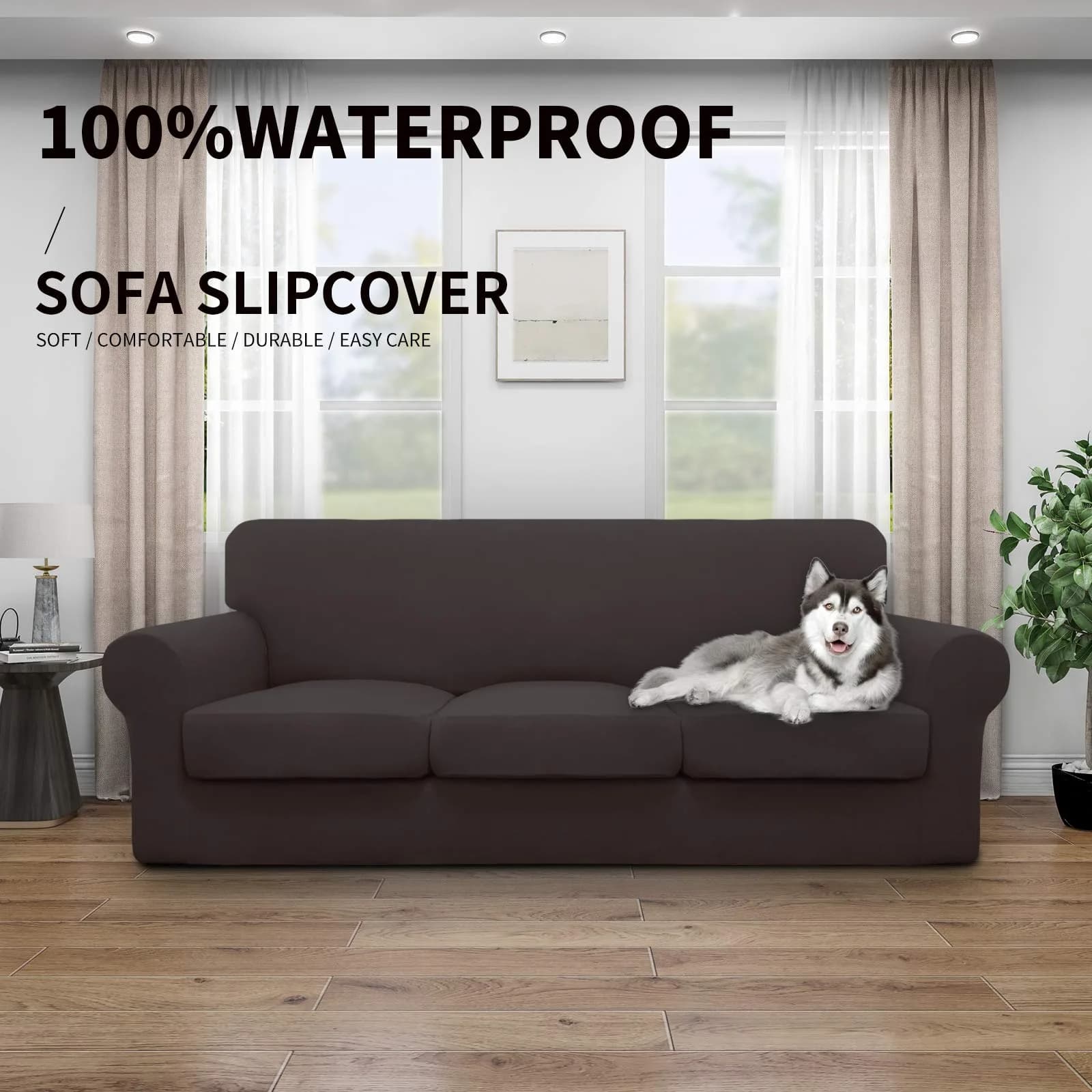 Easy-Going Waterproof 4-Piece Stretch Sofa Cover for 3 Cushions, Chocolate | Fits 60-85 inch Sofas - view 2