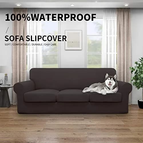 Easy-Going Waterproof 4-Piece Stretch Sofa Cover for 3 Cushions, Chocolate | Fits 60-85 inch Sofas thumbnail 2