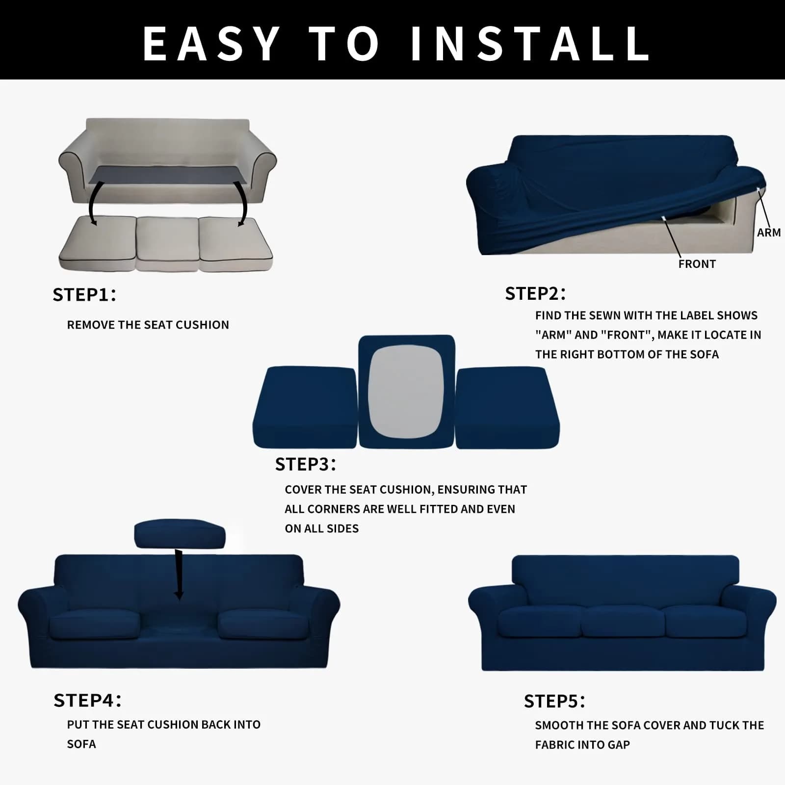 Easy-Going Waterproof Oversized Sofa Cover for 3 Cushion Sofas | 4-Piece Set, Navy, Fits 86-108 Inch - view 6