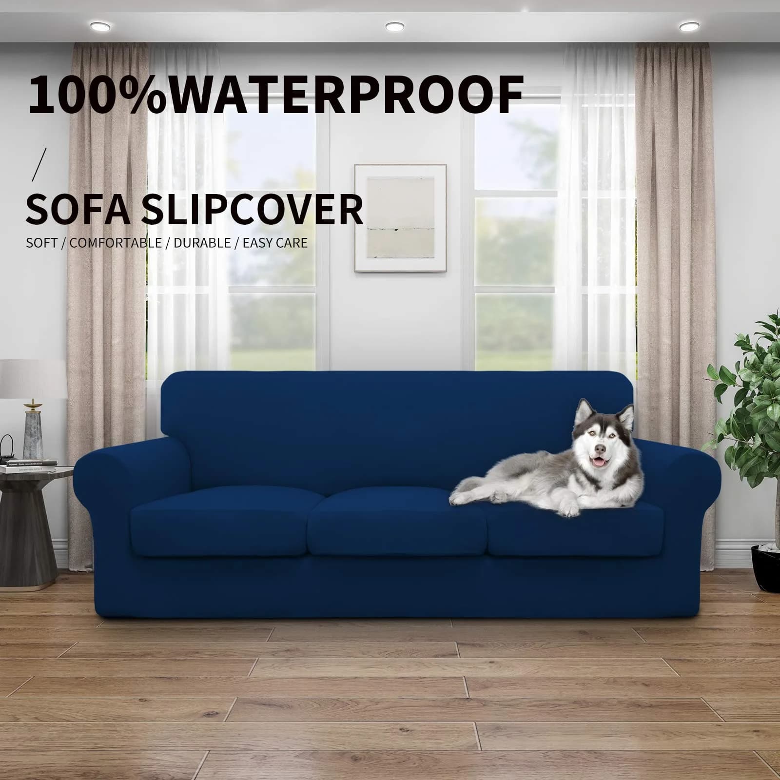 Easy-Going Waterproof Oversized Sofa Cover for 3 Cushion Sofas | 4-Piece Set, Navy, Fits 86-108 Inch - view 2