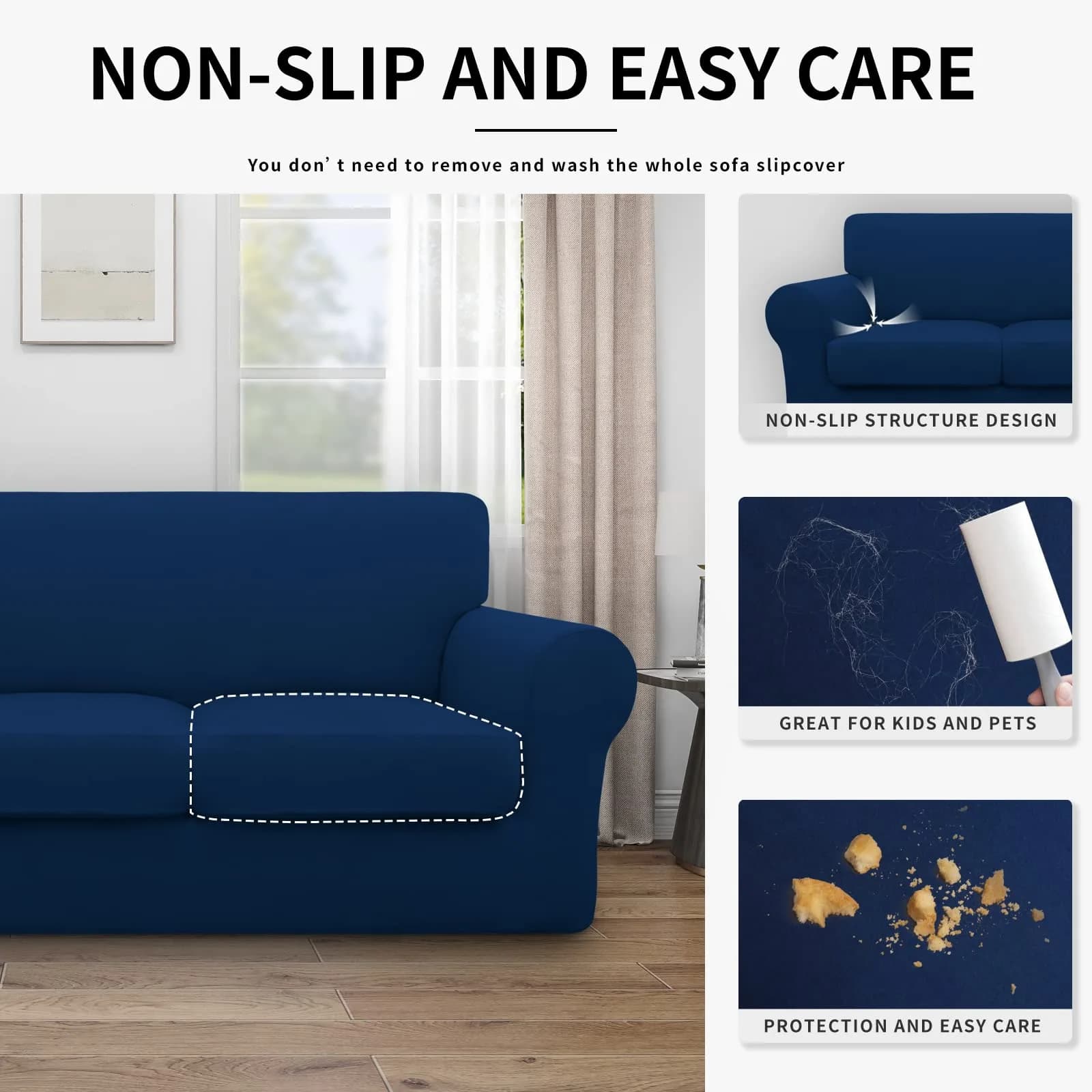 Easy-Going Waterproof Oversized Sofa Cover for 3 Cushion Sofas | 4-Piece Set, Navy, Fits 86-108 Inch - view 4