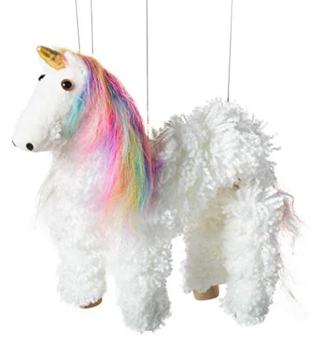 Artisan Owl Rainbow Mane Unicorn Marionette Puppet | Wooden Feet & Detachable Strings (White) thumbnail 1