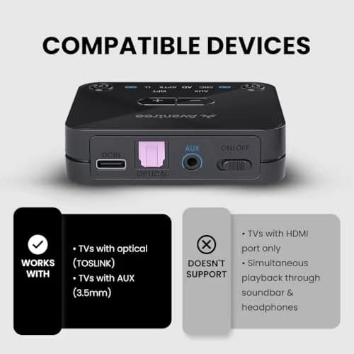 Avantree Audikast 3 Bluetooth TV Transmitter for 2 Headphones | 100ft Range, aptX-Adaptive, Optical & AUX Input thumbnail 5