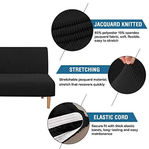 H.VERSAILTEX Armless Futon Cover Black Small Checks Jacquard Fabric 68-85 inch Width | Stretchy & Durable Sofa Protector thumbnail 2