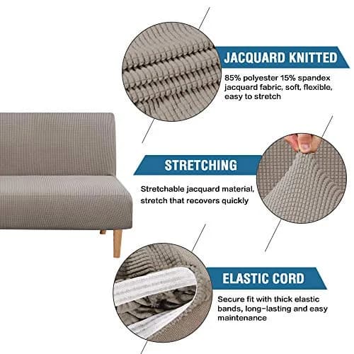 H.VERSAILTEX Armless Futon Cover Taupe Small Checks Jacquard Fabric 68-85 inch Width | Stretchable Sofa Bed Protector for Indian Homes thumbnail 2