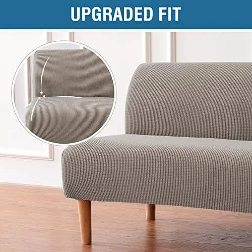 H.VERSAILTEX Armless Futon Cover Taupe Small Checks Jacquard Fabric 68-85 inch Width | Stretchable Sofa Bed Protector for Indian Homes thumbnail 3