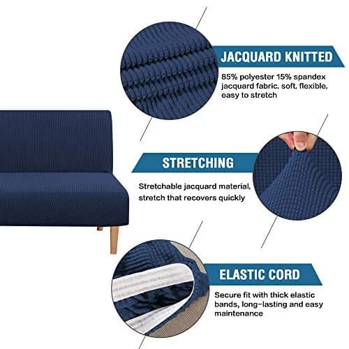 H.VERSAILTEX Armless Futon Cover Stretch Sofa Bed Slipcover Navy | Elastic Jacquard Fabric, Machine Washable thumbnail 2
