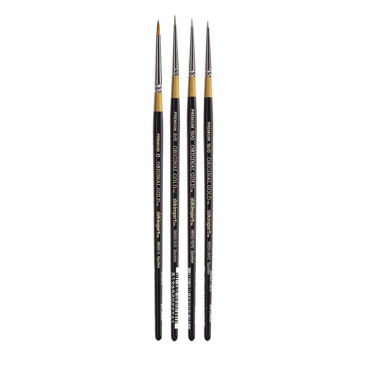 KINGART Original Gold 9650 Series Spotter Artist Brush Set 4 Sizes (18/0, 10/0, 5/0, 0) | Fine Detail Synthetic Golden Taklon Brushes — Black & Gold