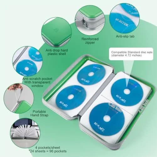 alavisxf xx CD Case, 96 Capacity Hard Plastic Organizer Wallet with Hand Strap and Zipper Closure, Green thumbnail 3
