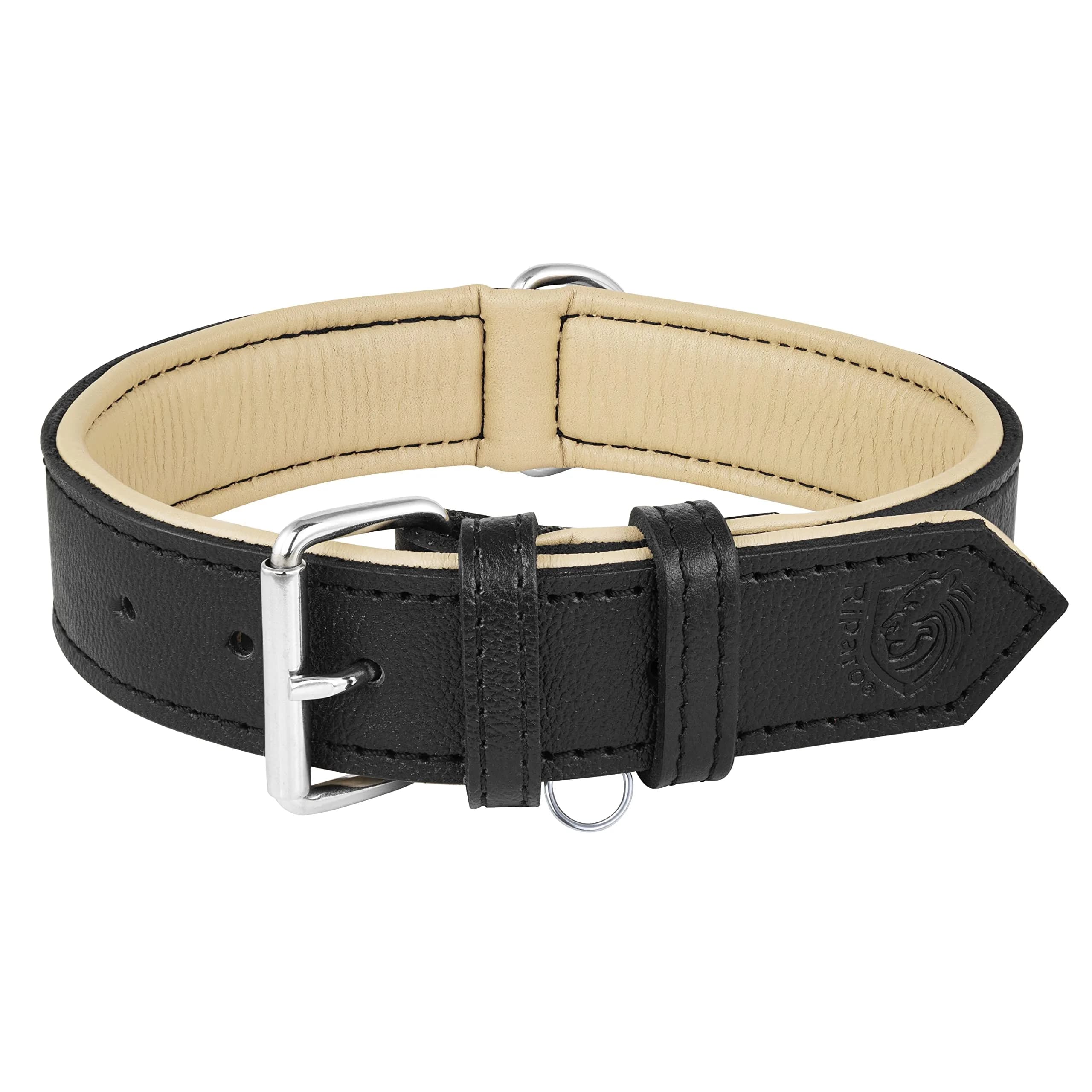 Riparo Heavy Duty Leather Dog Collar XL 21-25" | Adjustable & Durable — Black