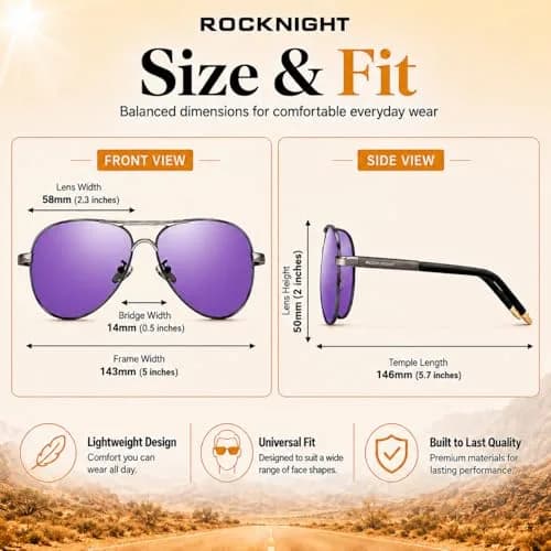 ROCKNIGHT Polarized Aviator Sunglasses Men Women UV400 Metal Frame Purple Mirror | 58mm Lens Width thumbnail 4