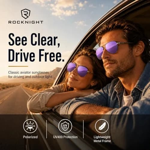 ROCKNIGHT Polarized Aviator Sunglasses Men Women UV400 Metal Frame Purple Mirror | 58mm Lens Width thumbnail 6