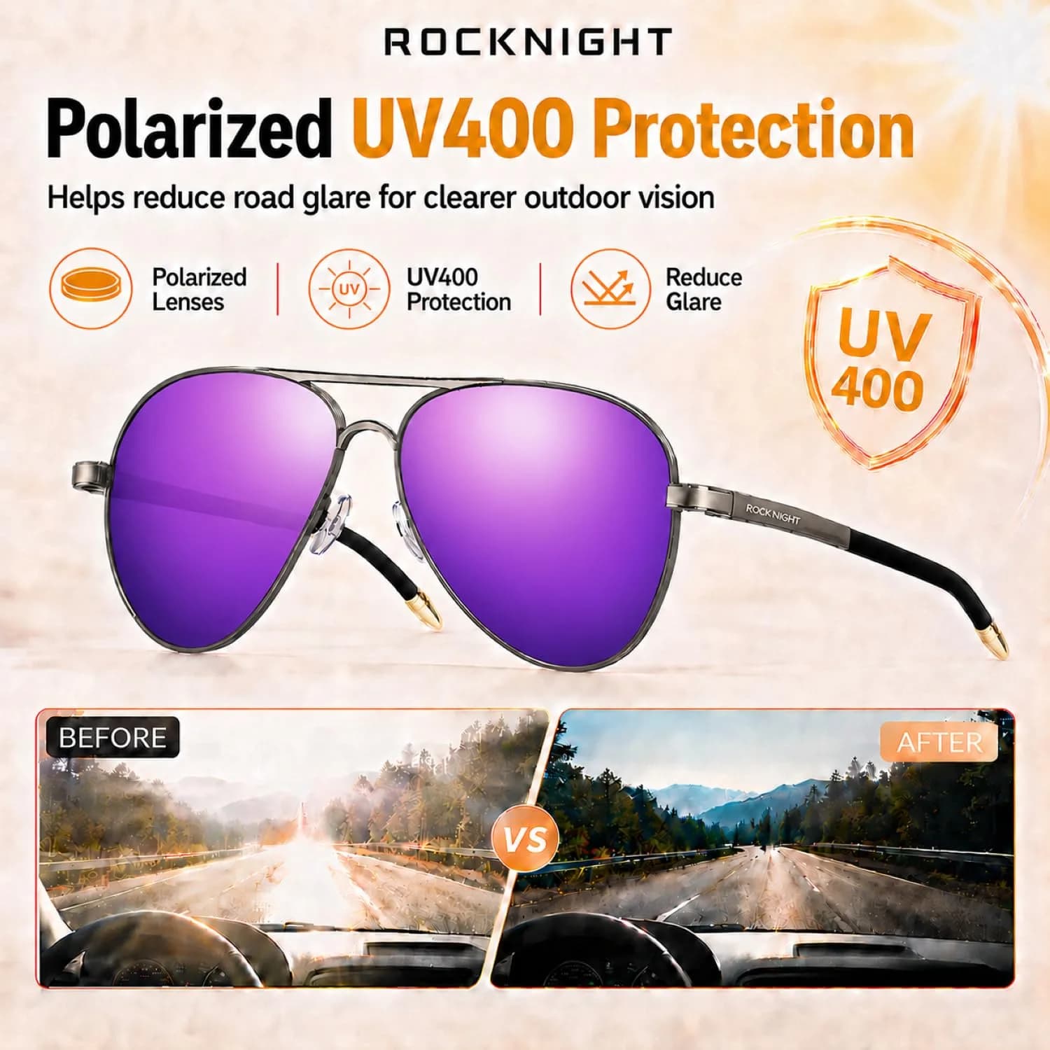 ROCKNIGHT Ruthenium-Purple Polarized Aviator Sunglasses for Men & Women - Medium Size Metal Frame - view 3