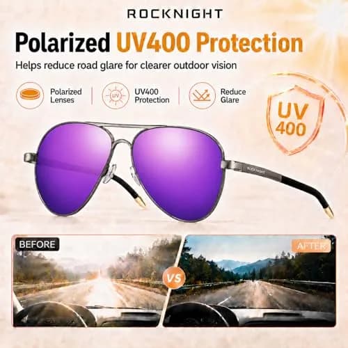 ROCKNIGHT Polarized Aviator Sunglasses Men Women UV400 Metal Frame Purple Mirror | 58mm Lens Width thumbnail 3
