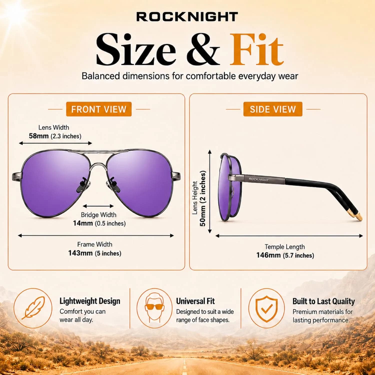 ROCKNIGHT Ruthenium-Purple Polarized Aviator Sunglasses for Men & Women - Medium Size Metal Frame - view 4