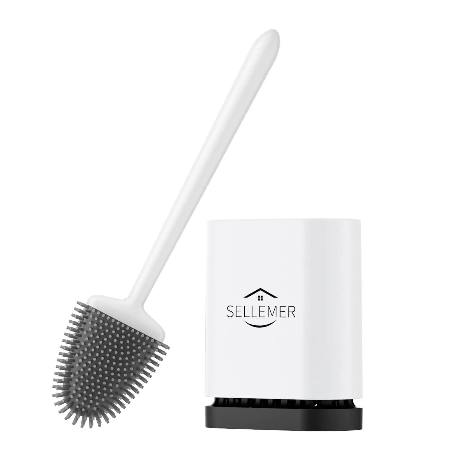 Sellemer Silicone Toilet Brush with Ventilation Holder | Flat Head, Hair-Free, Rustproof Handle (Silver, 1 Pack) — Pearl White-1pcs