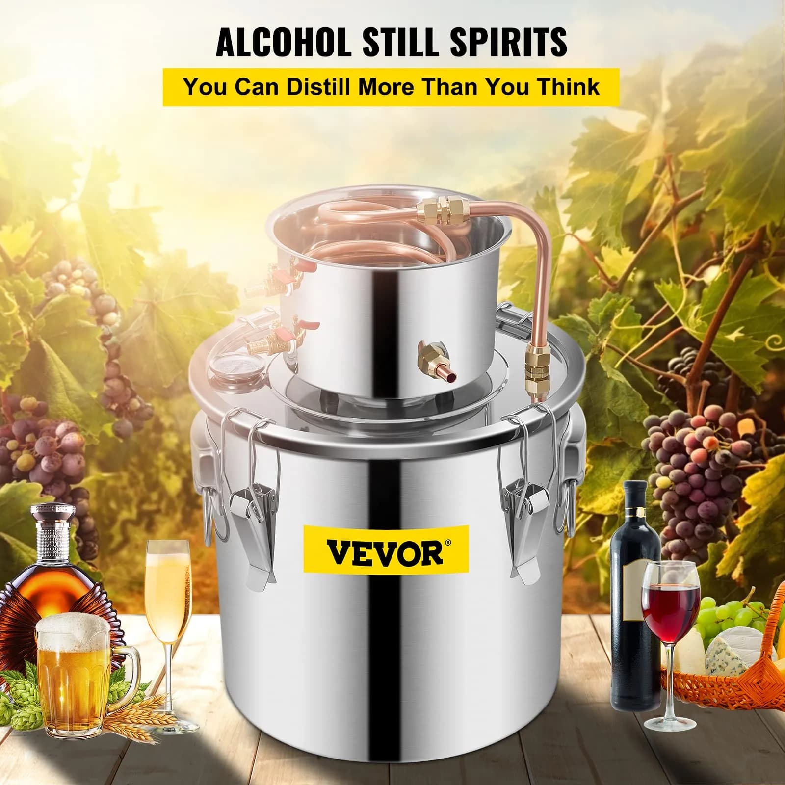 VEVOR Alcohol Still 20L (5 Gallon) Stainless Steel Home Brewing Kit with Copper Tube & Thermometer | DIY Whisky, Wine, Brandy Maker - view 2