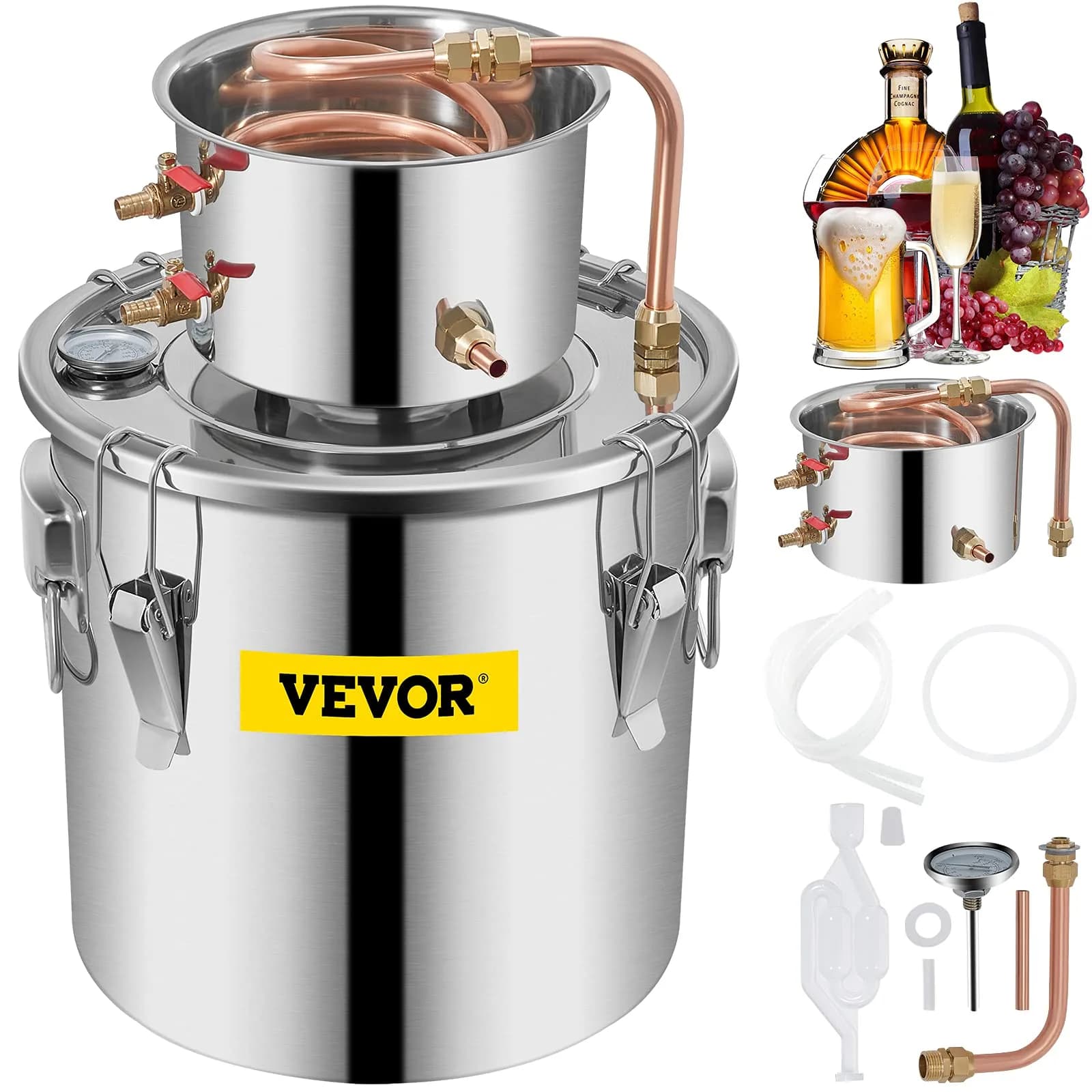 VEVOR Alcohol Still 20L (5 Gallon) Stainless Steel Home Brewing Kit with Copper Tube & Thermometer | DIY Whisky, Wine, Brandy Maker — 8Gal