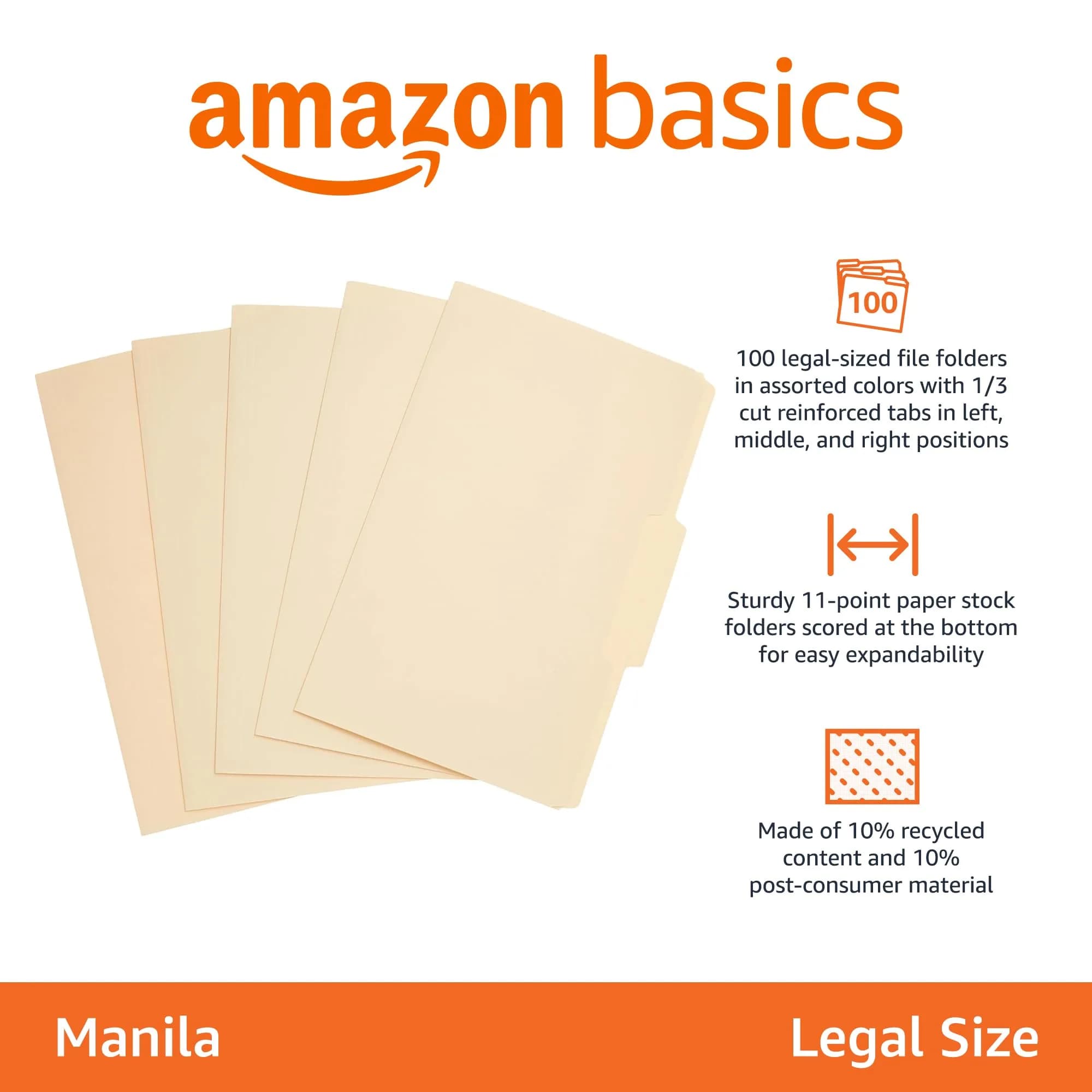 Amazon Basics Sturdy Manila File Folders, 1/3 Tabs, Legal Size, 100-Pack | Acid-Free Paper for Long-Term Storage - view 2
