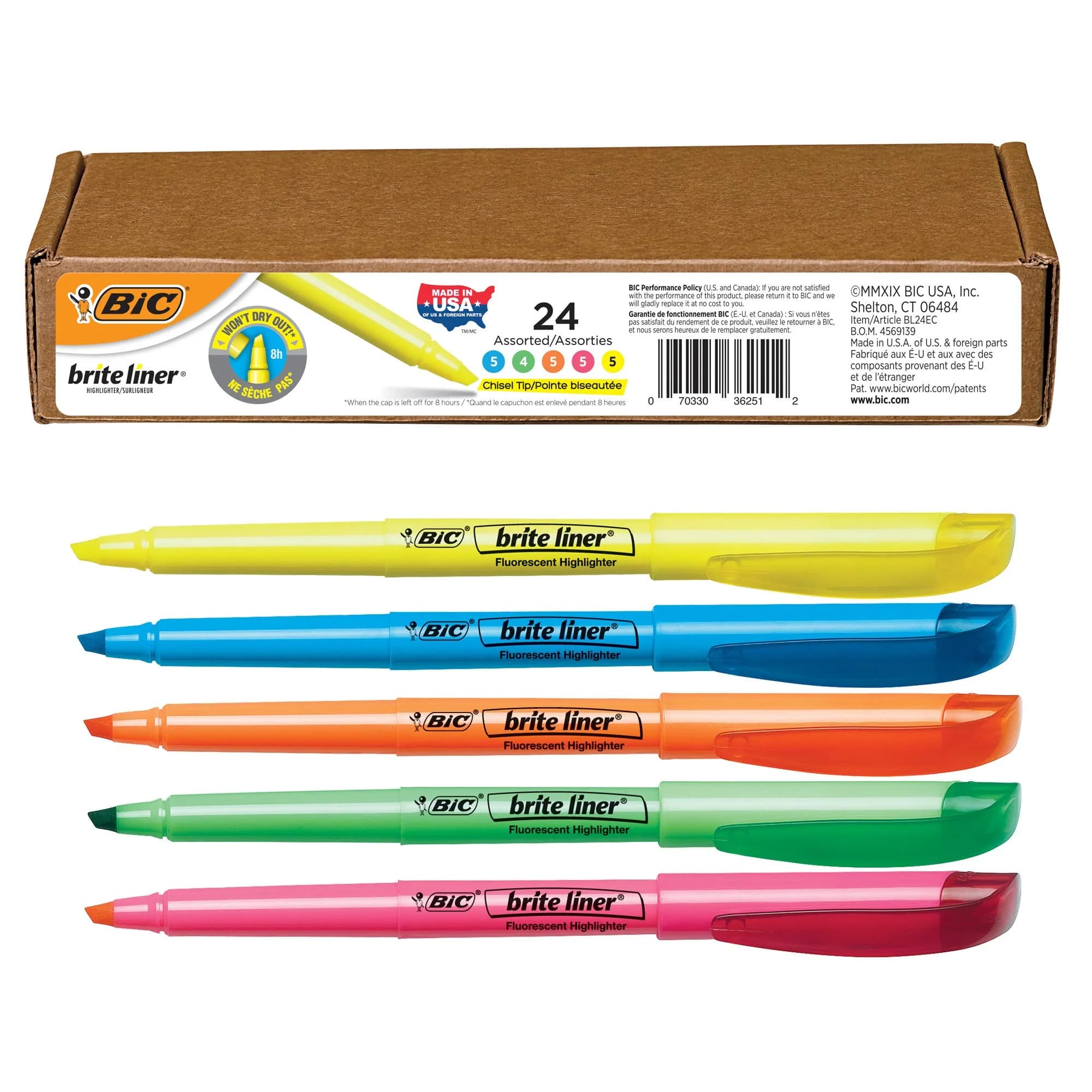 BIC Brite Liner Highlighters, Chisel Tip, 24-Count | Fluorescent Colors for Bright Highlighting — Assorted (New)