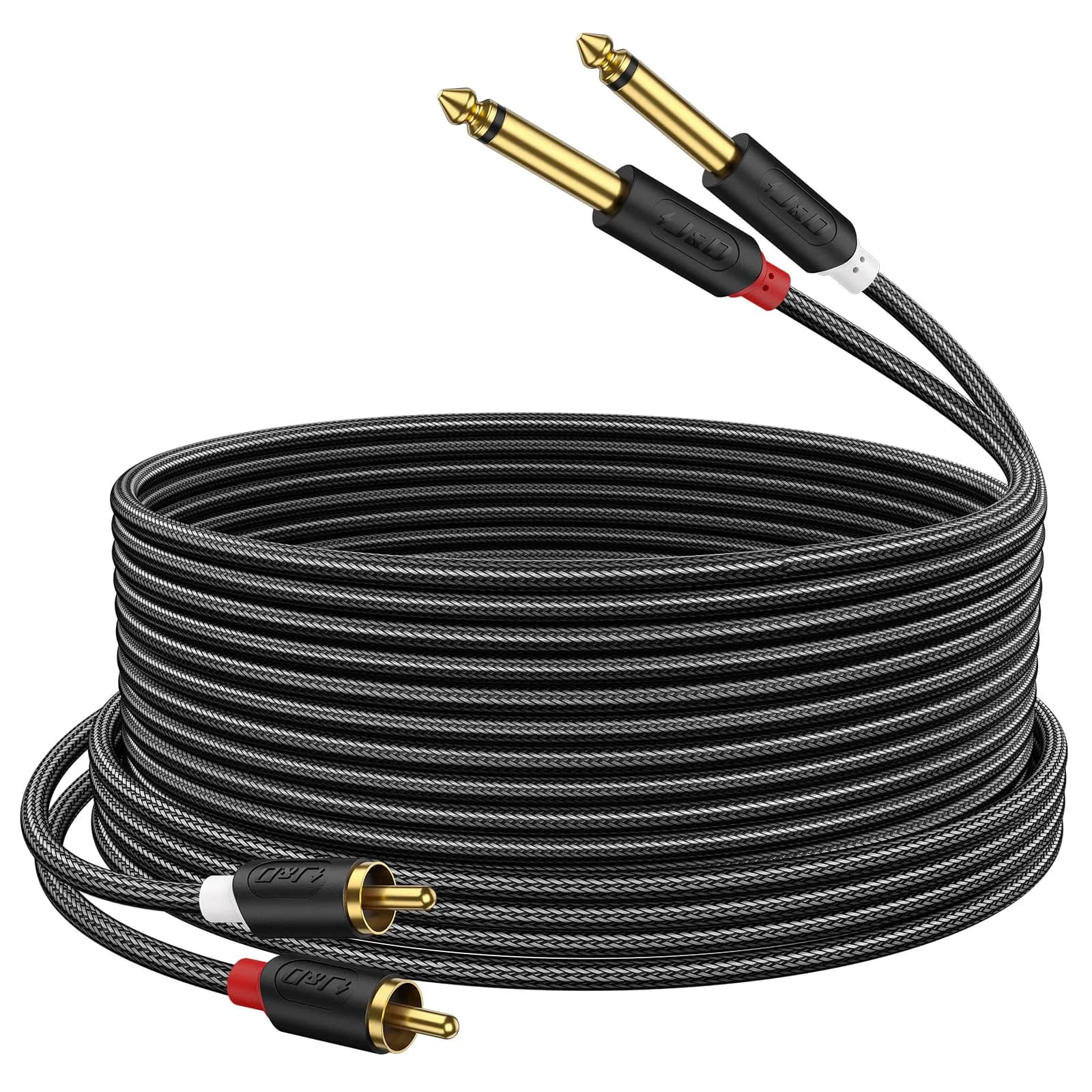 J&D Gold Plated Dual 1/4" TS to RCA Cable - 4.57m (15 Feet) Stereo Audio Interconnect with Nylon Braid | Connects Mixers, Amplifiers to RCA Devices - main product image