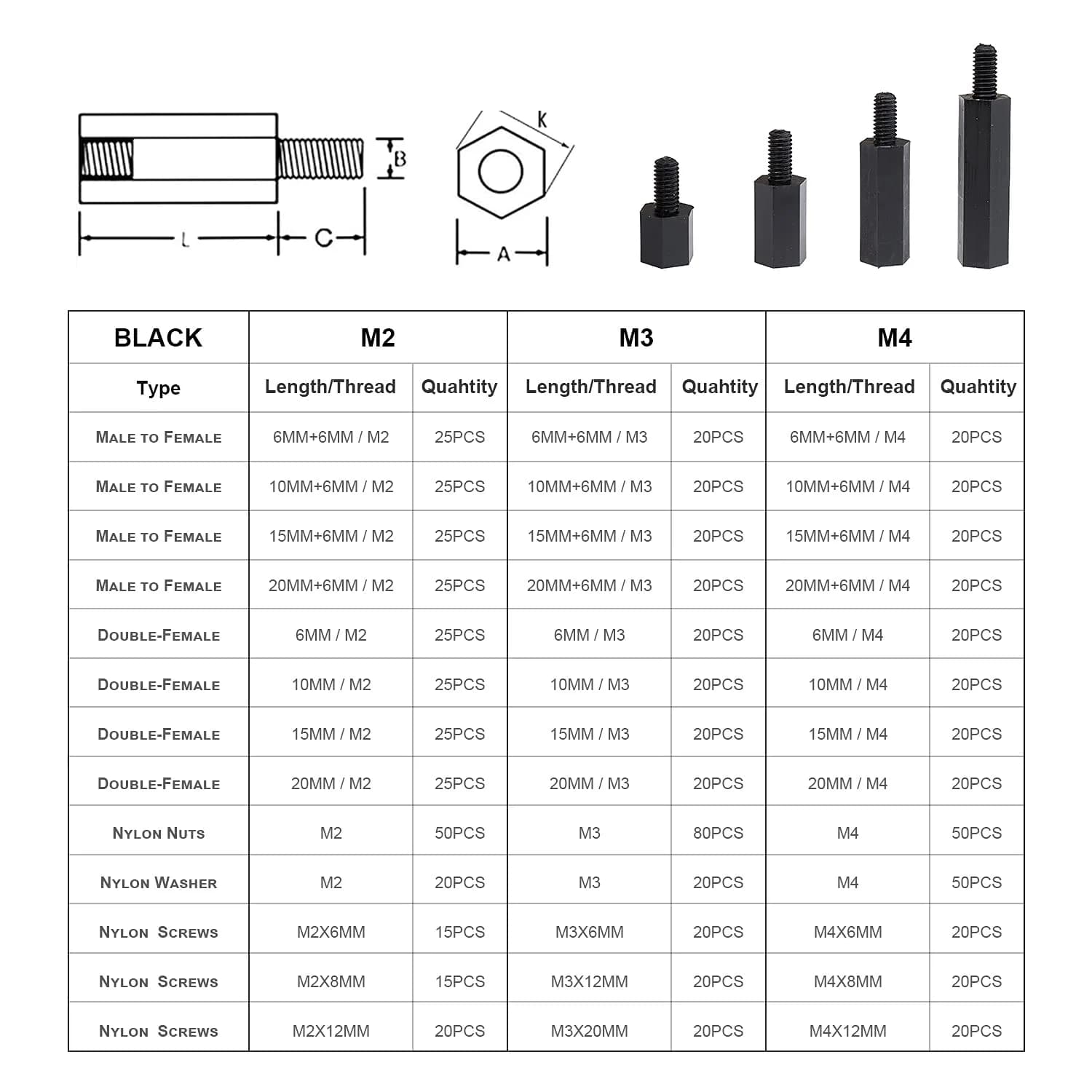 LitOrange M3 Male Female Nylon Hex Spacer Standoff Screw Nut Threaded Pillar PCB Motherboard Assortment Kit (Black) - 320 Pieces - view 6