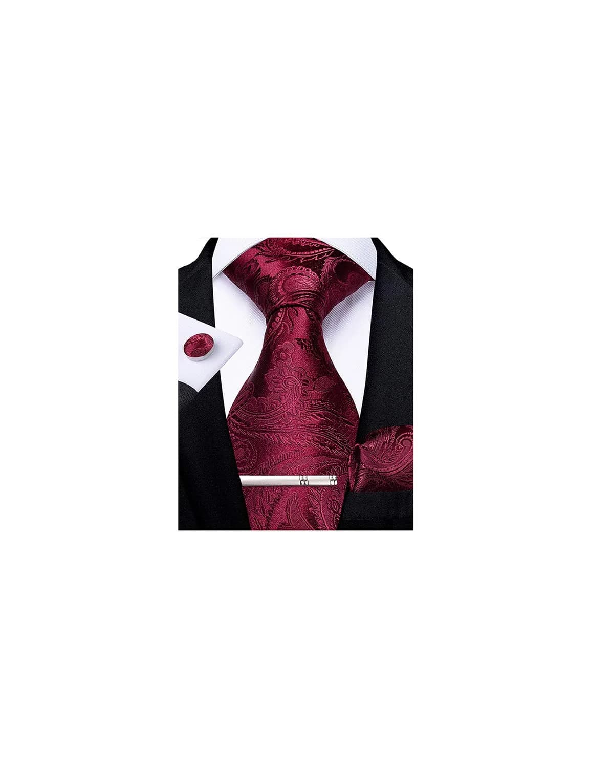 DiBanGu Paisley Silk Necktie and Pocket Square Set for Men | Burgundy, 150cm (59") x 8.1cm (3.15") — 03 Burgundy