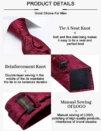 DiBanGu Paisley Silk Necktie and Pocket Square Set for Men | Burgundy, 150cm (59") x 8.1cm (3.15") thumbnail 5