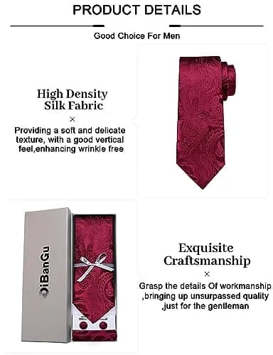 DiBanGu Paisley Silk Necktie and Pocket Square Set for Men | Burgundy, 150cm (59") x 8.1cm (3.15") thumbnail 6