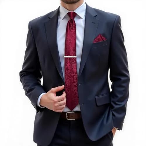 DiBanGu Paisley Silk Necktie and Pocket Square Set for Men | Burgundy, 150cm (59") x 8.1cm (3.15") thumbnail 2