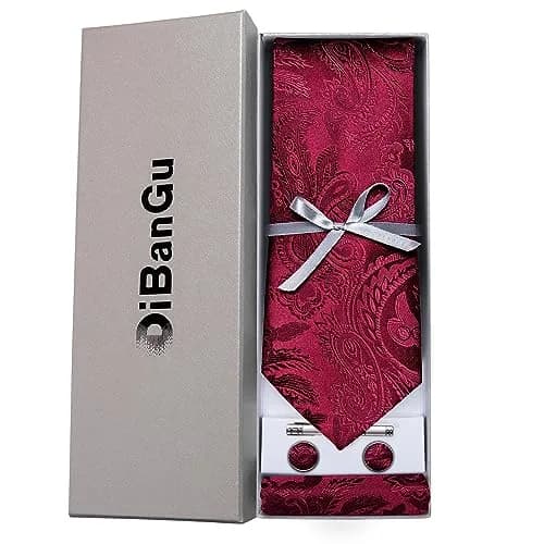 DiBanGu Paisley Silk Necktie and Pocket Square Set for Men | Burgundy, 150cm (59") x 8.1cm (3.15") thumbnail 3