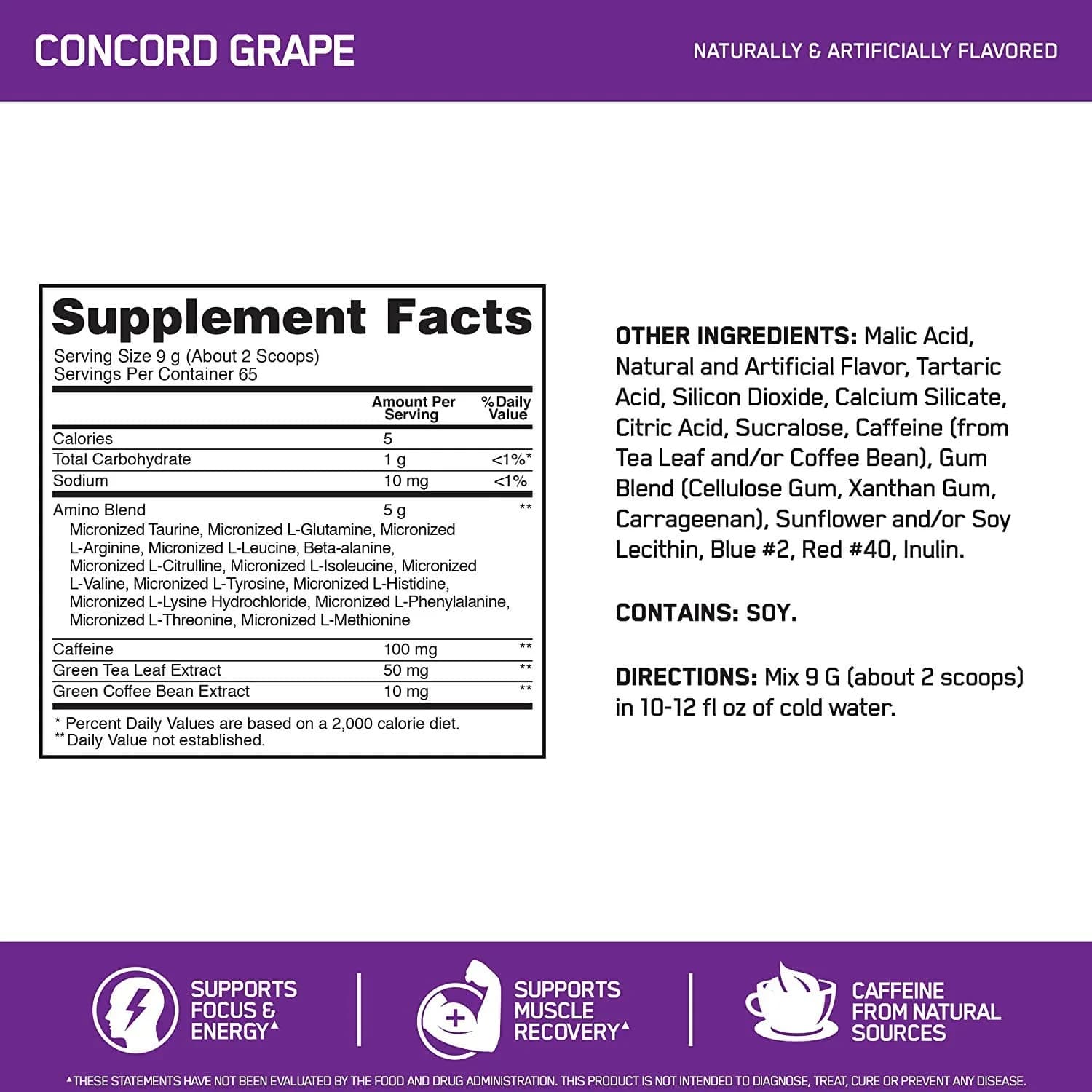 Optimum Nutrition Amino Energy Powder Concord Grape 65 Servings + Sparkling Drink Grape 12 Count | Essential Amino Acids & Electrolytes - view 3
