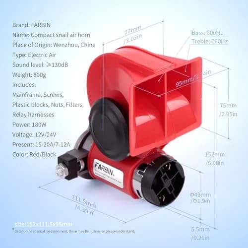 FARBIN 150dB Air Horn with Compressor 12V 1.87 lbs (Red Horn) | Loud Train Horn Kit for Trucks, Cars, Motorcycles thumbnail 3