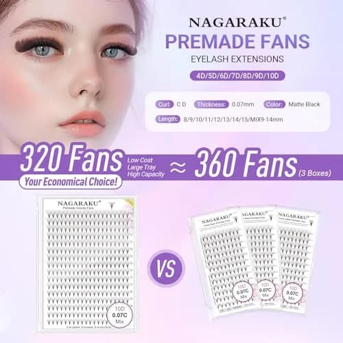 NAGARAKU 6D Premade Volume Fans 0.07 C Curl 10mm 320 Fans | Professional Salon Lash Extensions thumbnail 7