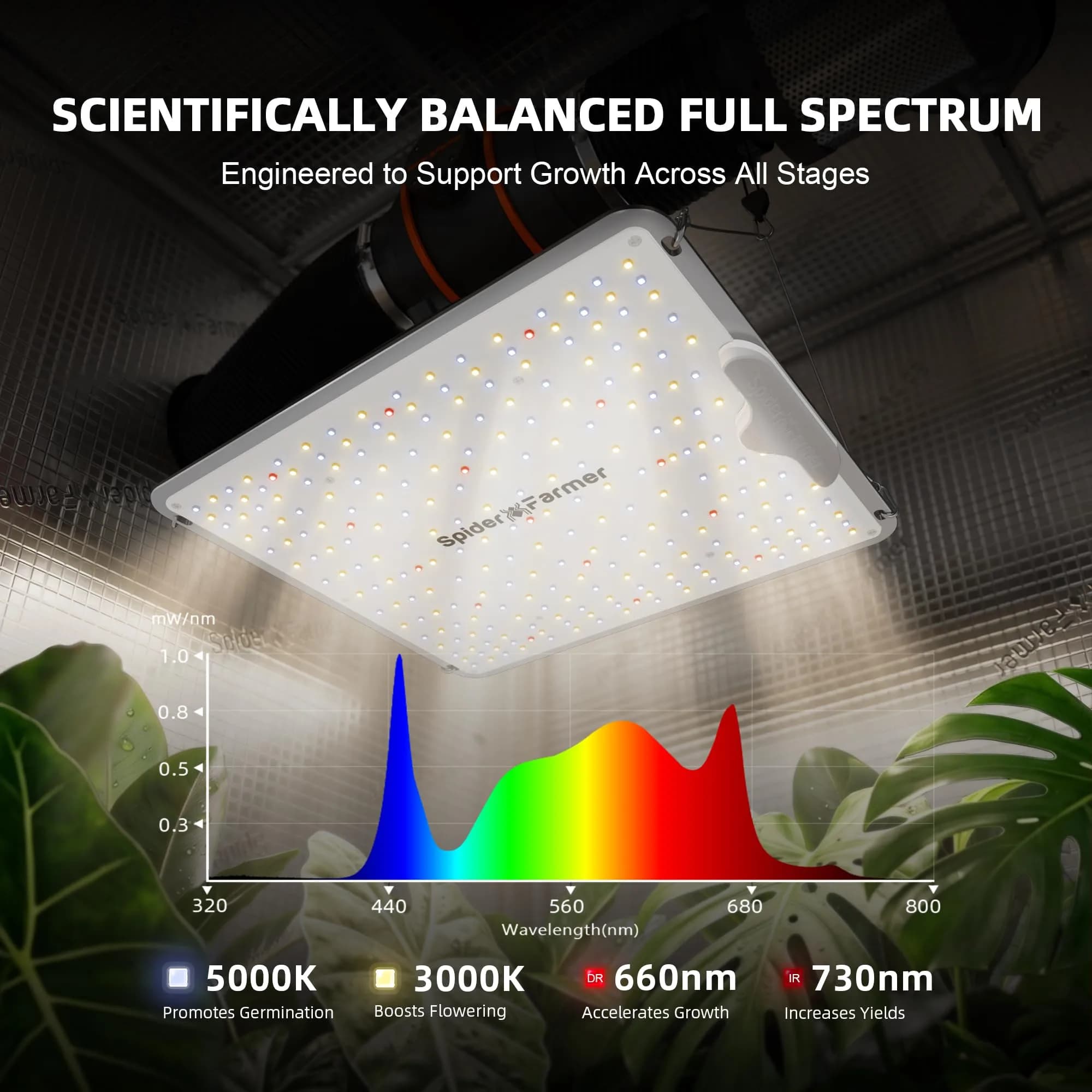 Spider Farmer SF1000 LED Grow Light 100W Dimmable Full Spectrum 250-LEDs | 2.5 PPE 11.8x10.5x2.3 inches - view 5