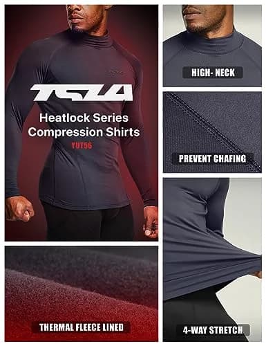 TSLA Men's Thermal Long Sleeve Compression Shirts | Mock/Turtleneck Winter Sports Base Layer Top, Charcoal, X-Small thumbnail 3